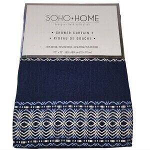 Soho Home Dark Blue Shower Curtain Embroidered‎ Stripes 72x72in